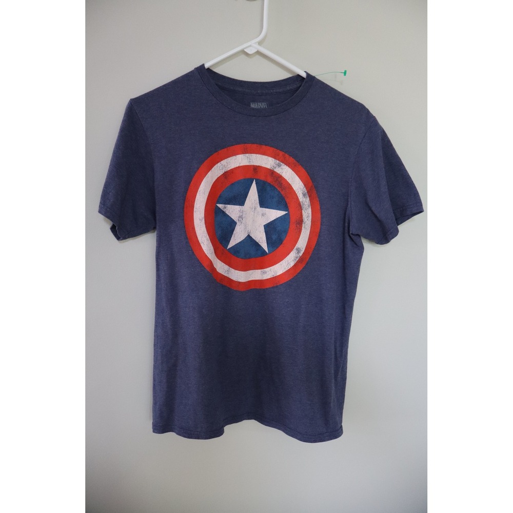 Superhero Marvel Captain America T-Shirt Medium Blue Distressed Shield Graphic